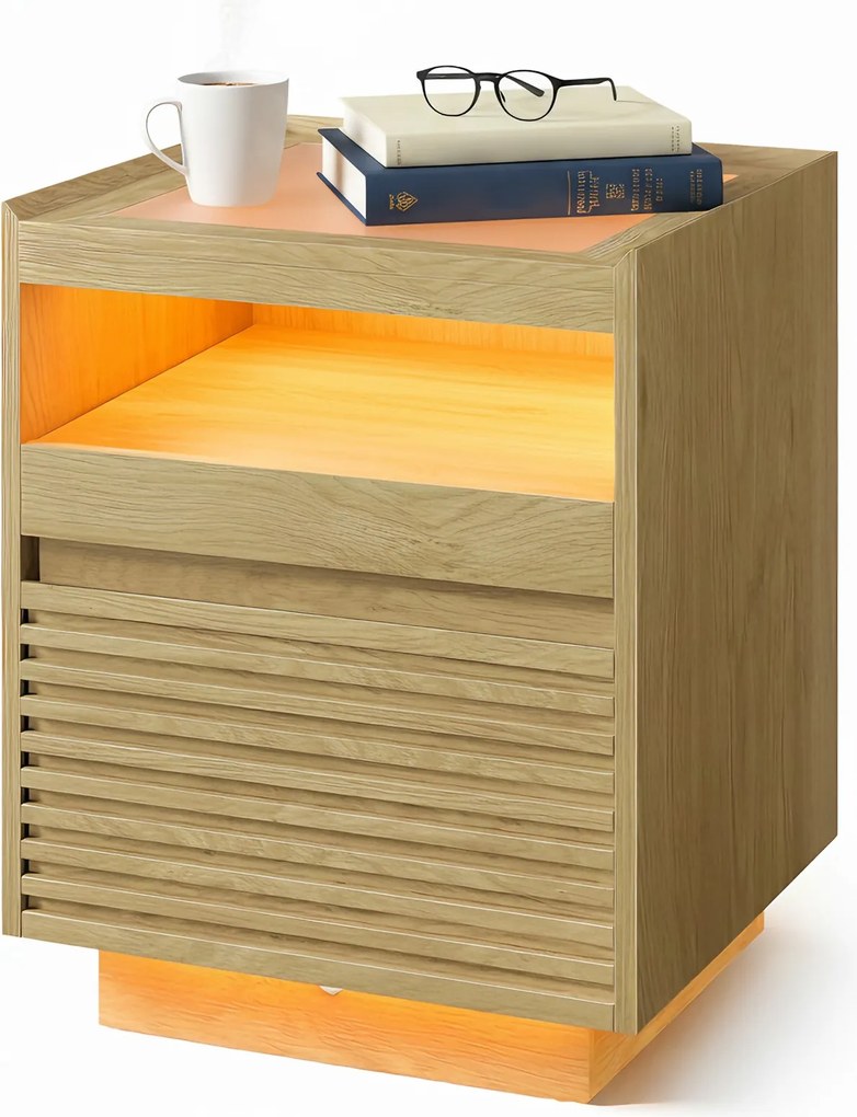 Mesa de cabeceira com iluminação LED 40 x 45 x 55 cm cor de carvalho natural