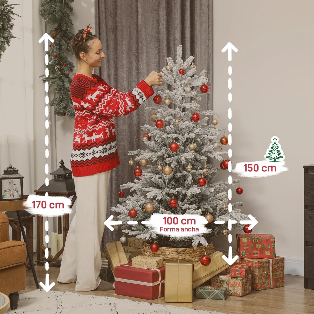 Árvore de Natal Artificial 150 cm com neve com 828 Ramos Base Dobrável e Fácil de Montar Verde