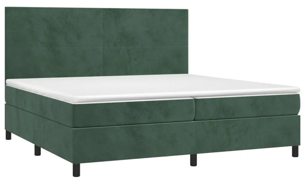 Cama box spring c/ colchão/LED 200x200 cm veludo verde-escuro