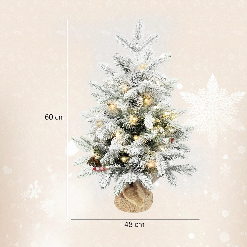 Mini Árvore de Natal Artificial com 35 Luzes LED 182 Ramos com Neve Pinhas Bagas e Base de Saco de Juta Ø48x60 cm Verde