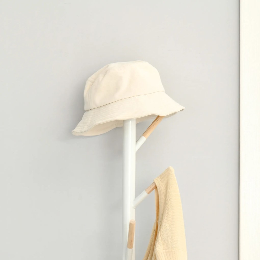 HOMCOM Cabide de Pé de Madeira Cabide de Pé com 6 Ganchos para Roupa Bolsas e Estrutura de Metal para Sala de Estar Entrada Dormitório 35x35x174cm Branco e Madeira