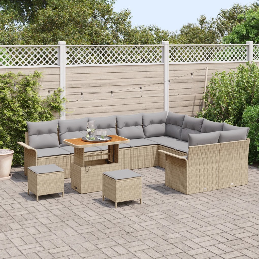 Conjunto de Sofá de Jardim de 12 Peças com Almofadas Bege Vime Acácia,