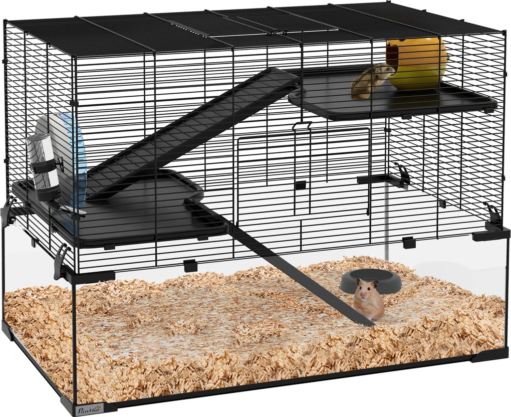 PawHut Gaiola para hamster gaiola para roedores 3 níveis com roda rampas casinha bebedouro comedouro 76,5L x 48,5l x 54,5H cm preto | Aosom Portugal