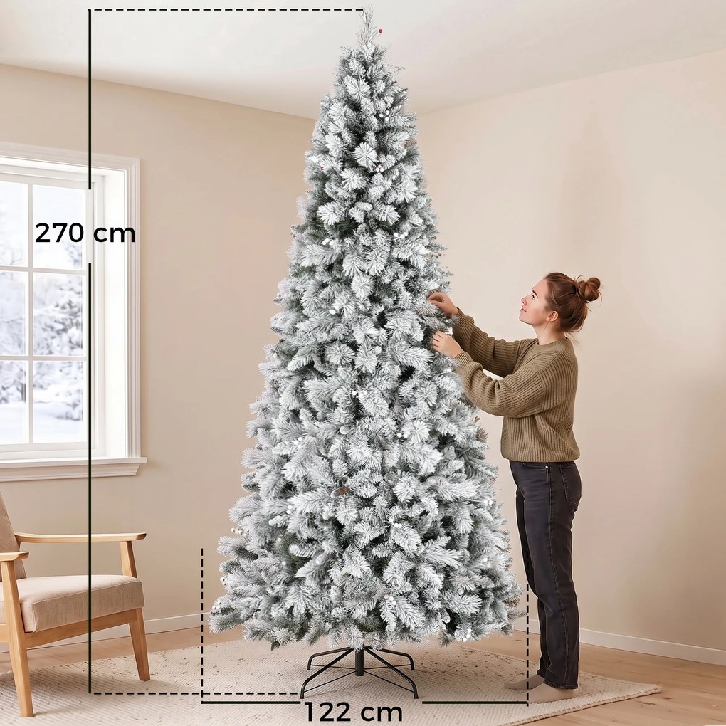 Árvore de Natal Artificial 270 cm com 1507 Ramos Base Metálica Dobrável e Montagem Rápida Branca