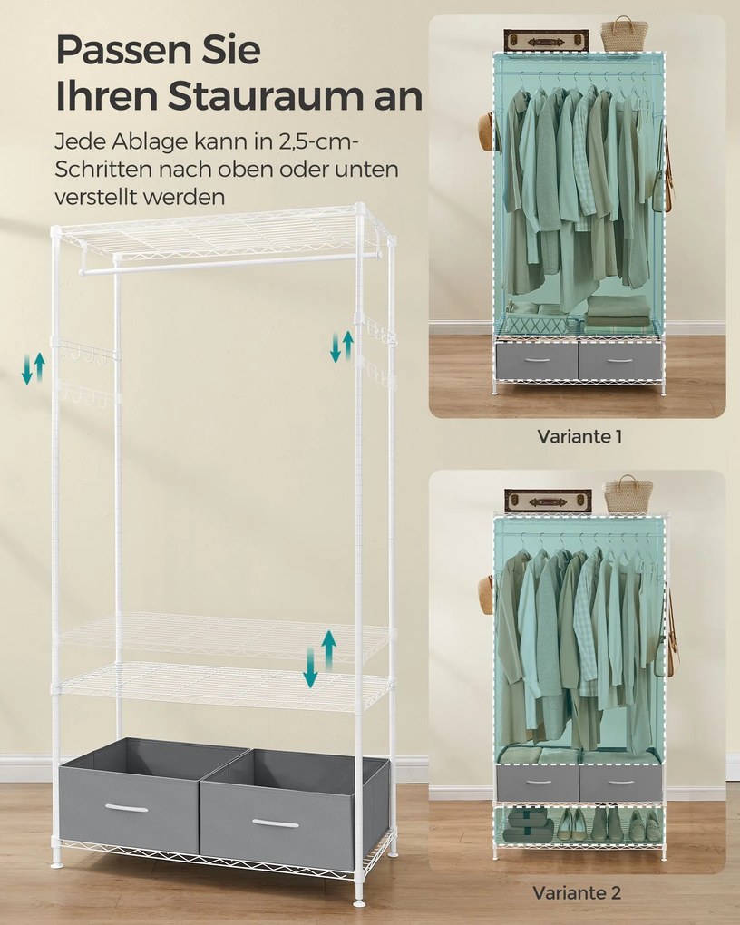 Guarda roupa aberto 40 x 90 x 180 cm com 2 gavetas em branco e cinzento