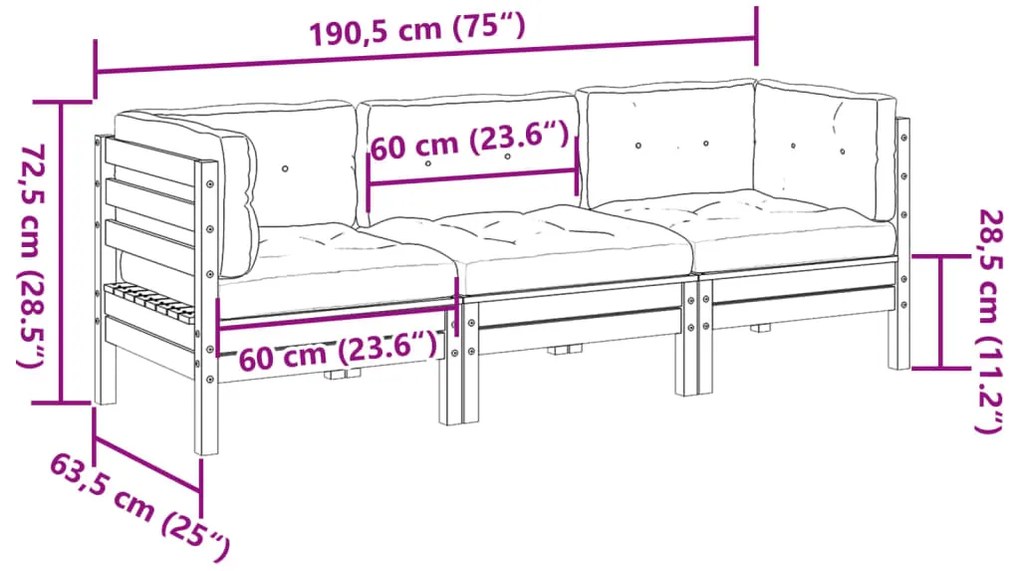 3 pcs conjunto sofás de jardim c/ almofadões pinho impregnado