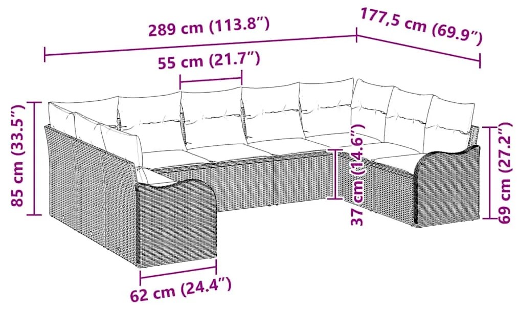Conjunto de Sofá de Jardim com 9 Peças da e Almofadas de Rattan Sintét