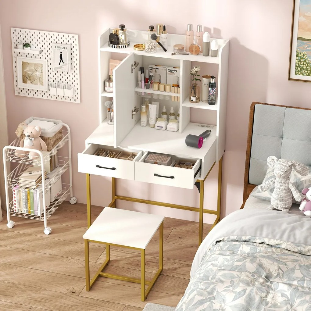 Toucador com espelho retangular com banco 80 x 50 x 138 cm, estação de carregamento, prateleiras abertas e compartimento oculto branco