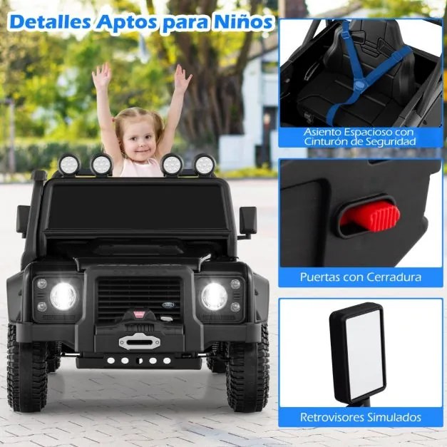 Jipe Land Rover Defender elétrico infantil 12V com comando à distância, suspensão completa, faróis e música para idades entre 3 e 8 anos, Preto
