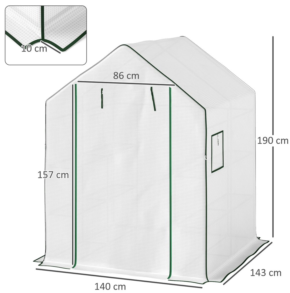 Estufa de Jardim Pequena de 3 Níveis com 6 Prateleiras Porta Enrolável e Capa de PE 140x143x190 cm Branco
