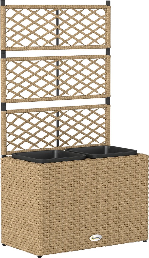Outsunny Jardineira com Treliça 3 Vasos (22 L) Resina Trançada e Aço 57x30x107 cm Cor Areia | Aosom Portugal