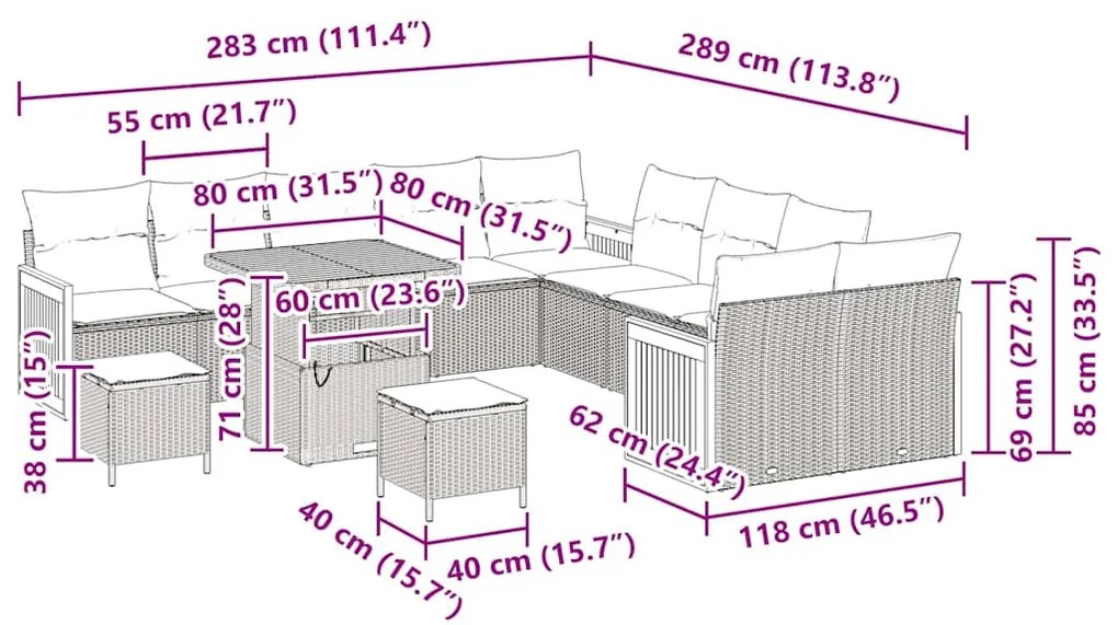 Conjunto de Sofá de Jardim vidaXL com 13 Peças e Almofadas Cinza Ratta