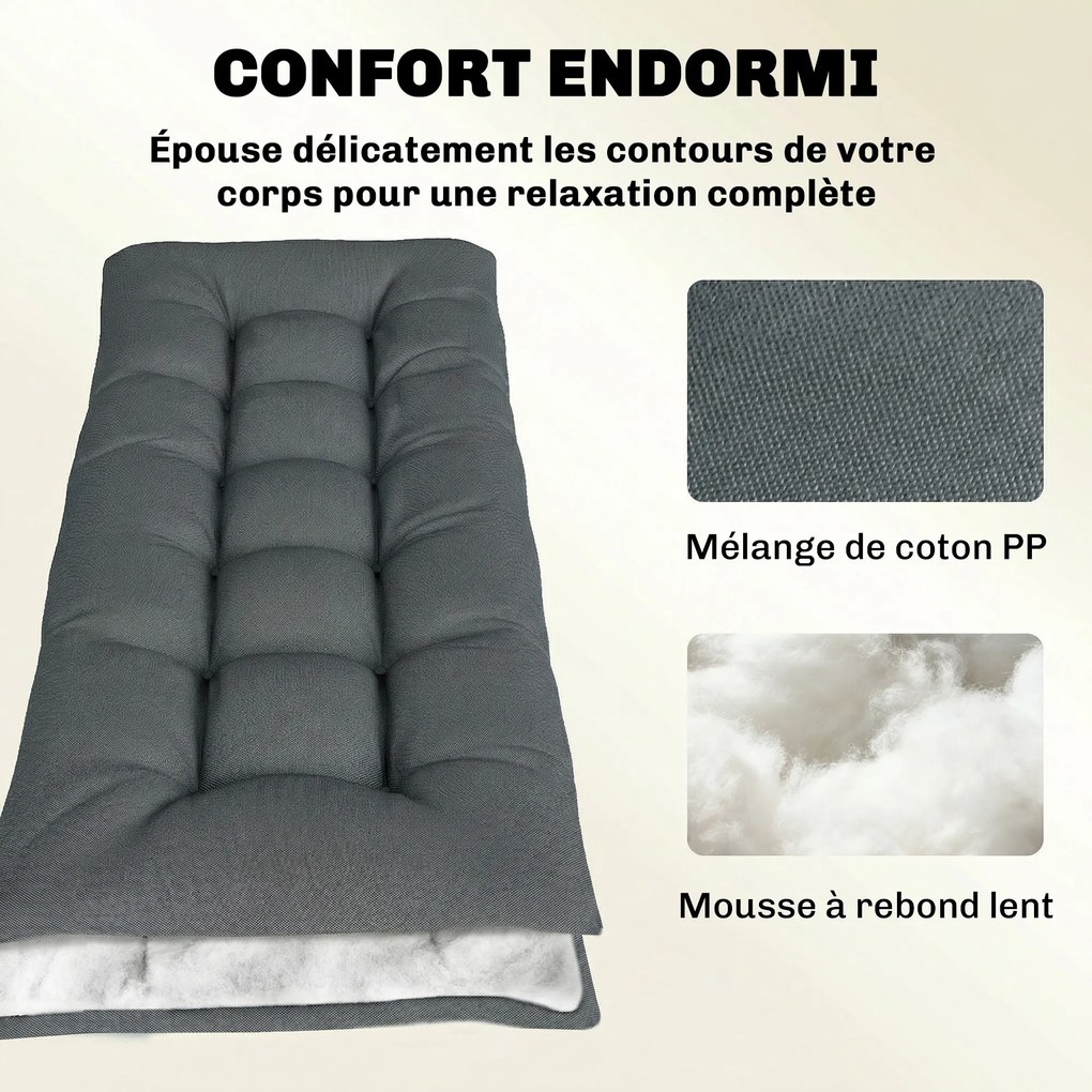 Almofada para espreguiçadeira (NÃO INCLUIDA) de praia em espuma viscoelástica com tiras, proteção UV 50+, 198 x 65 x 13 cm, cinzento escuro