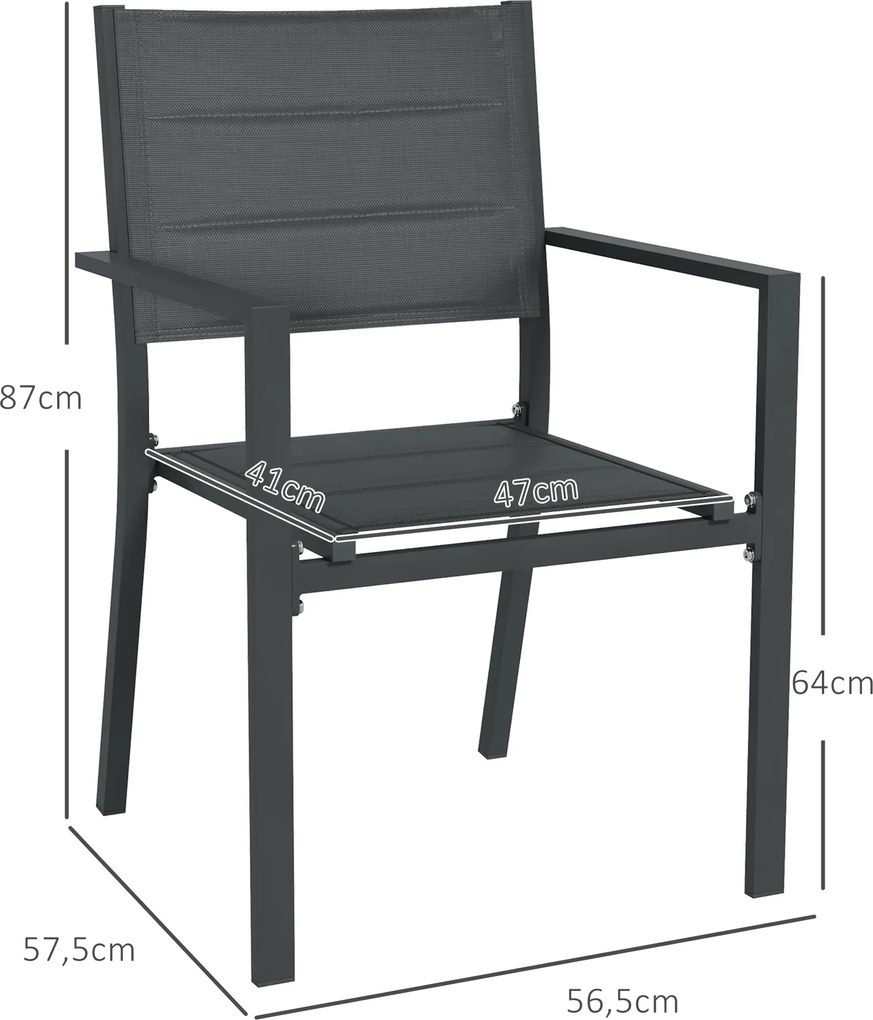 Conjunto de 4 cadeiras de jardim empilháveis em alumínio e textilene com braços, conjunto de 4 peças para exterior