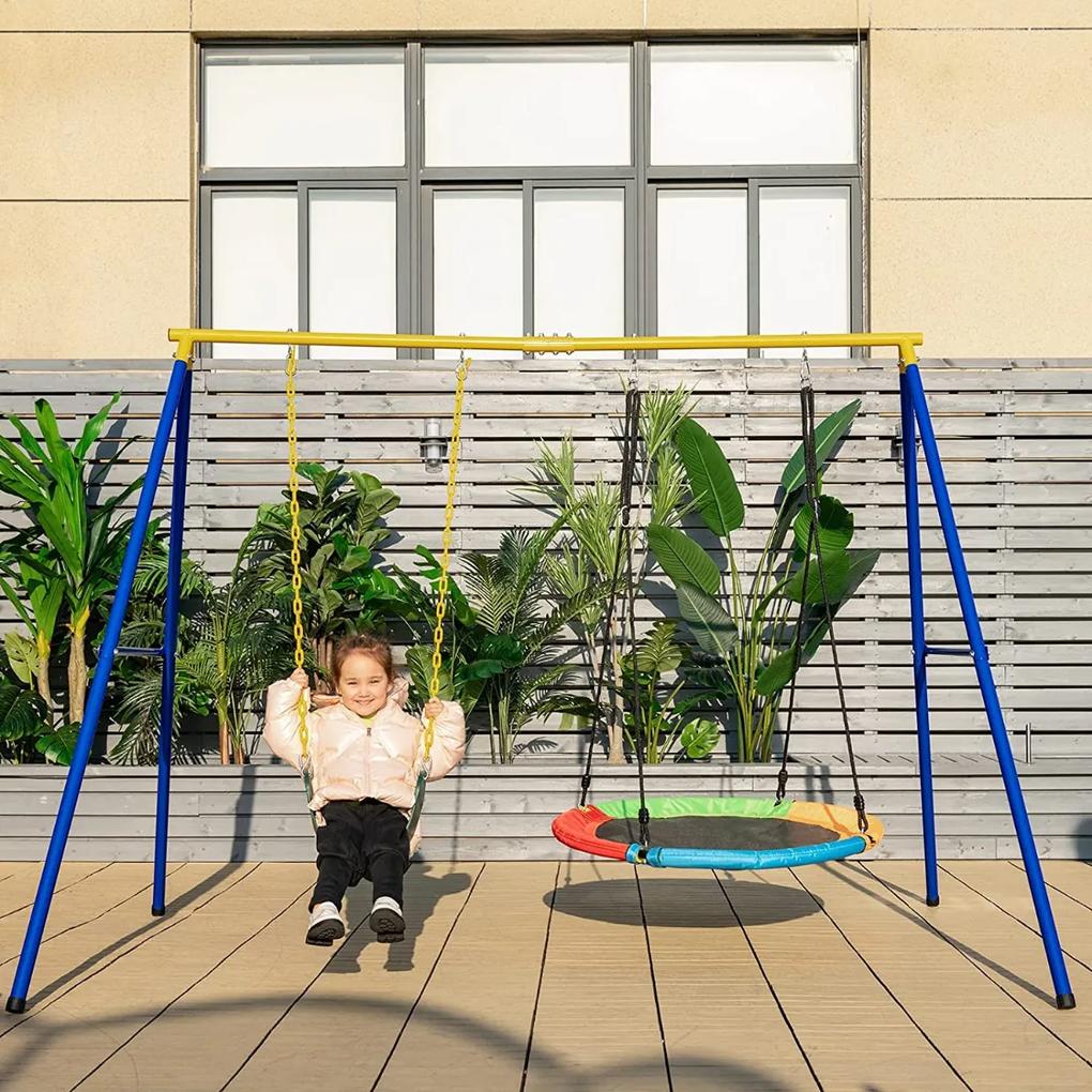 Conjunto de 2 Baloiços de Jardim Exterior em Aço para Crianças até 300 kg com Estrutura em Cordas Ajustáveis ​​249x185x181,5 cm