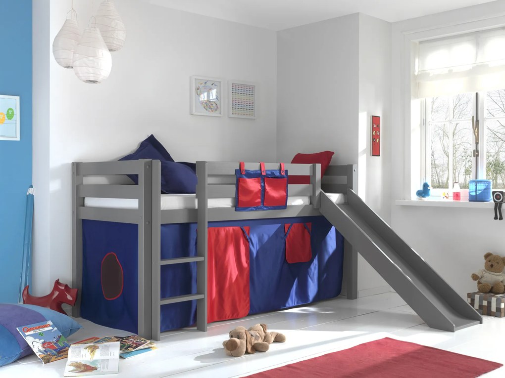 Conjunto Cama alta de Criança PINO 90 x 200 cm + estrado + escada + escorrega + cortina Domino Cinzenta