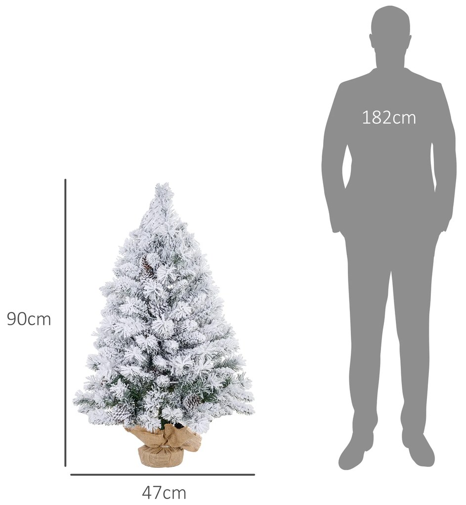 Árvore de Natal com Luzes LED 90 cm Árvore de Natal Artificial Nevado com 133 Ramos 14 Pinhas e Suporte de Metal Verde