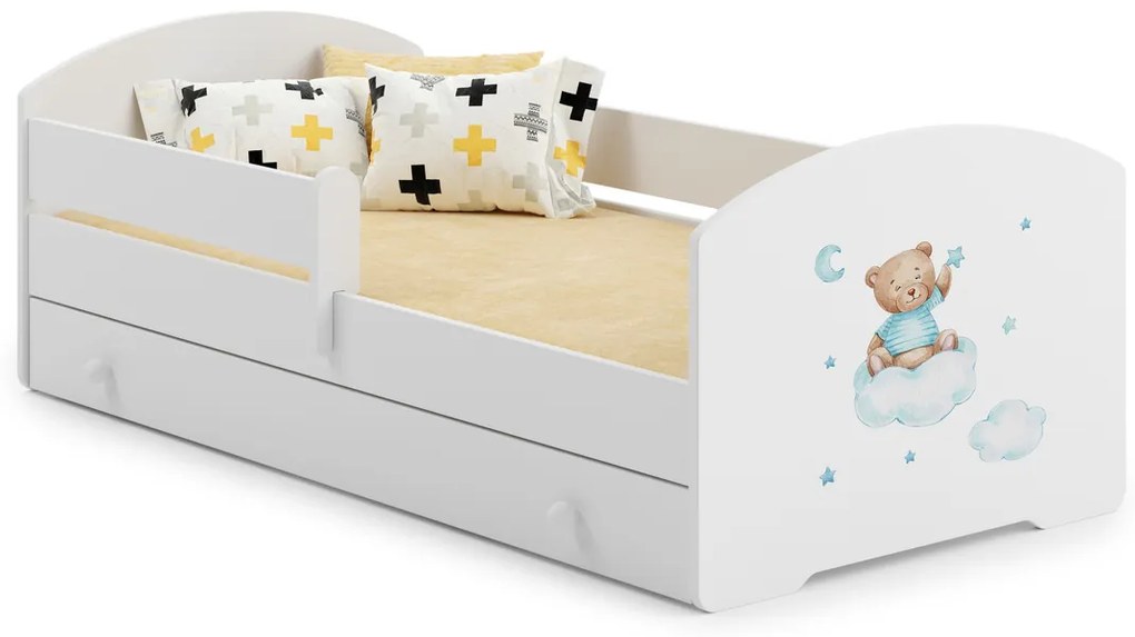 Cama infantil branca LUK urso azul 160x80 com gaveta - colchão e estrado incluído