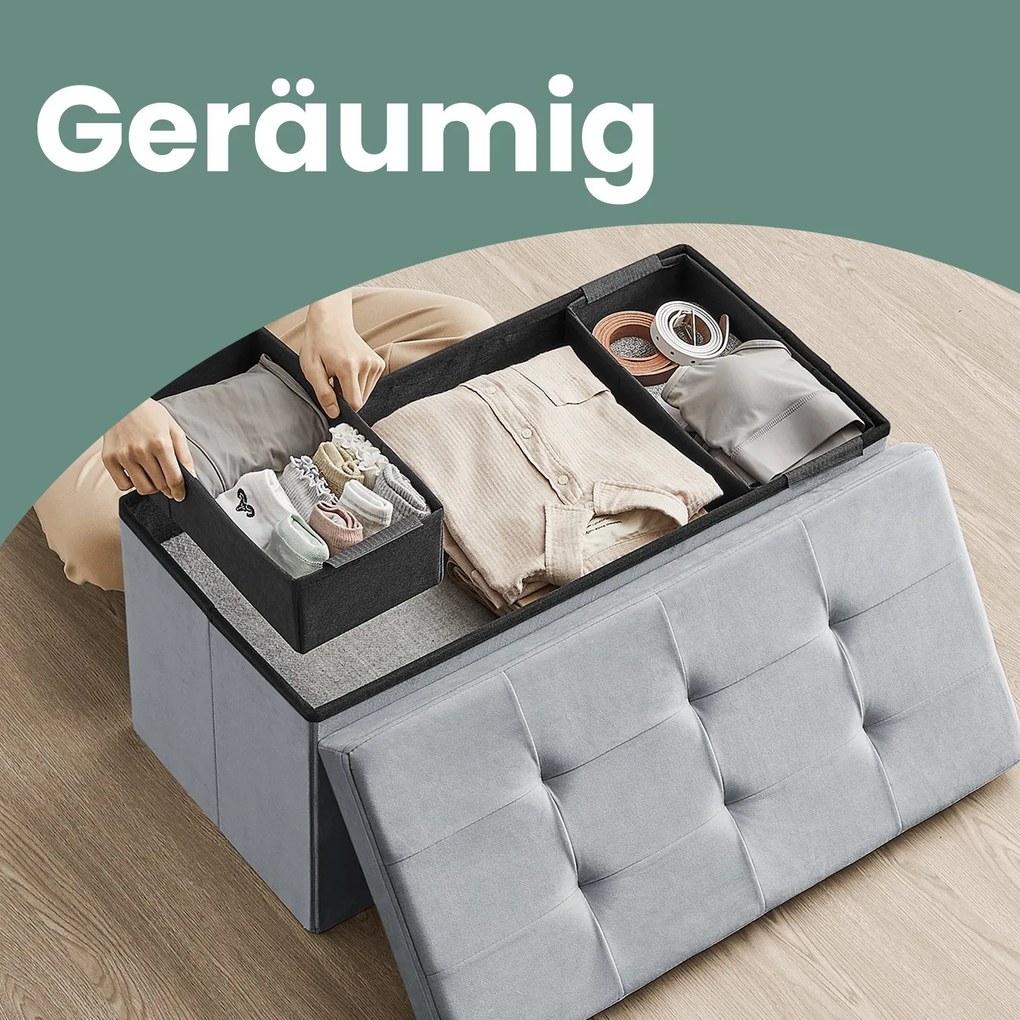 Banco com espaço de arrumação em veludo, 38 x 76 x 38 cm Cinzento claro