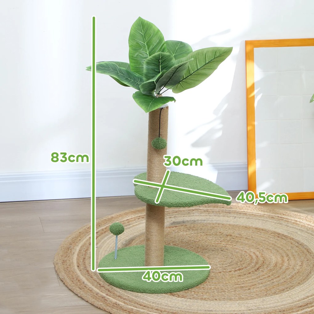 Arranhador para gatos de escalada, altura 83 cm, com arranhador de juta, bolas de brincar e plataformas de pelúcia verde