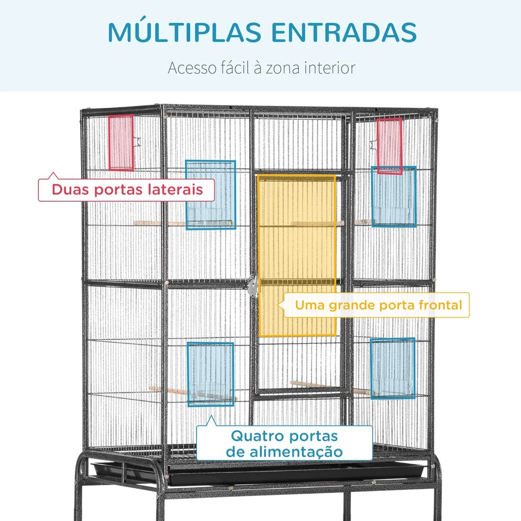 Gaiola para Pássaros com Rodas 81x48x162,5 cm com Bandeja 4 Poleiros 4 Comedouros e Prateleira Preto e Cinza