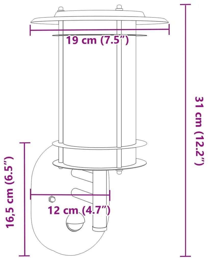 Candeeiro de parede p/ exterior com sensor aço inoxidável preto