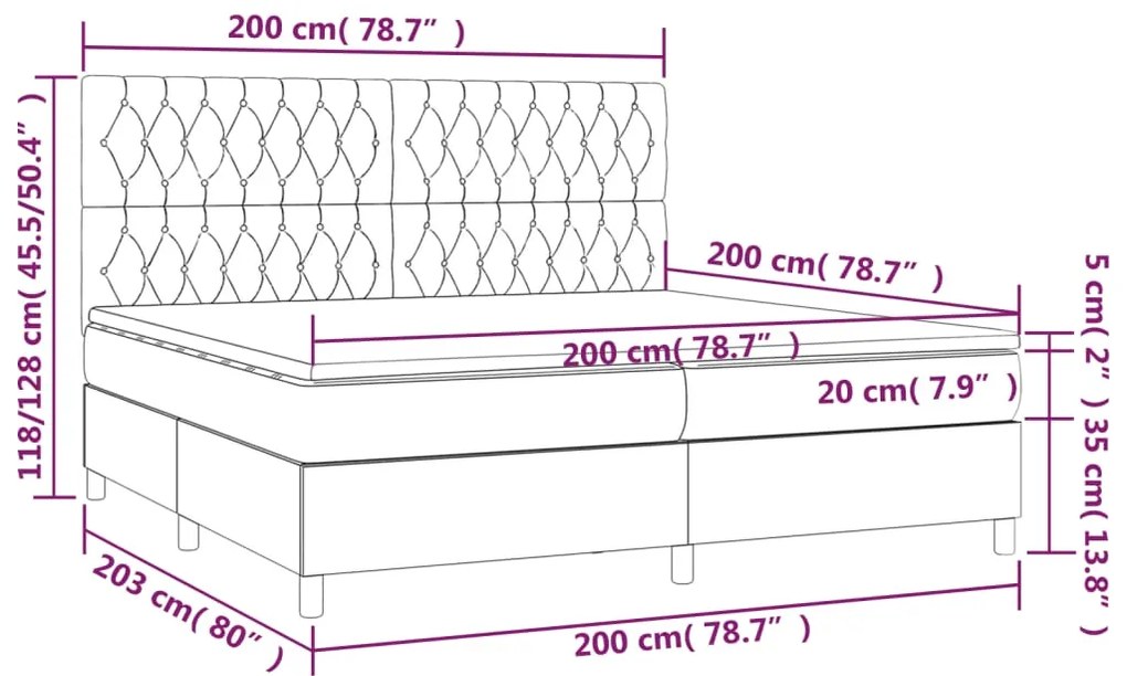 Cama box spring c/ colchão/LED 200x200 cm veludo verde-escuro