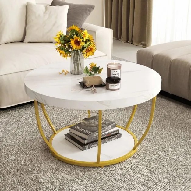 Mesa de centro redonda 80 cm de 2 níveis com arrumação com Estrutura metálica para sala de estar Branca