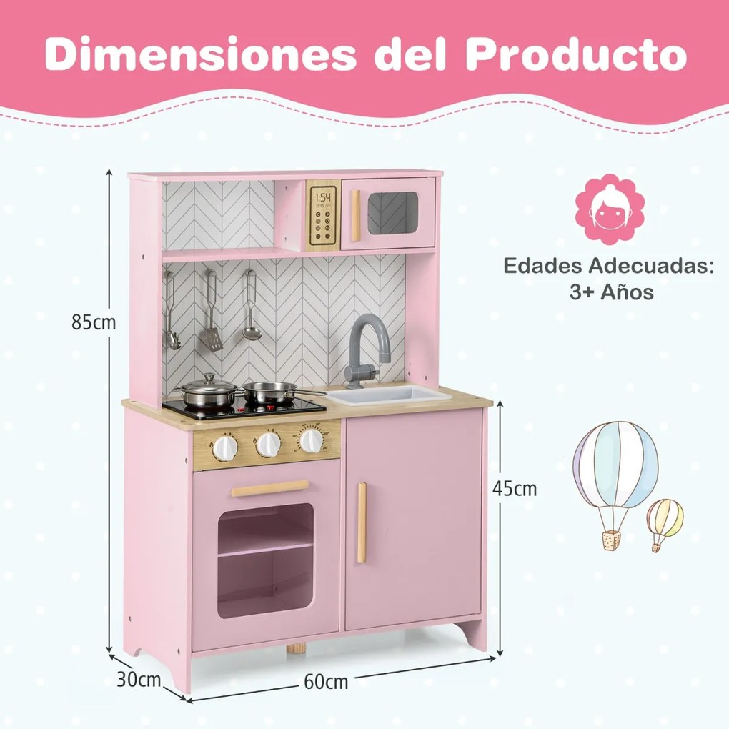Cozinha de brincar para crianças de madeira 60 x 30 x 85 cm com luzes, sons, micro-ondas, fogão, lava-louças, forno e acessórios Rosa