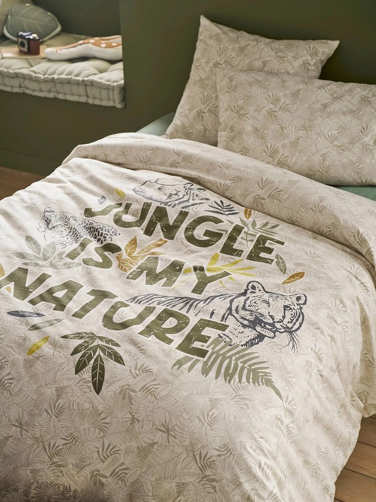 Conjunto capa de edredon + fronha de almofada para criança, Green Jungle, com algodão reciclado verde estampado