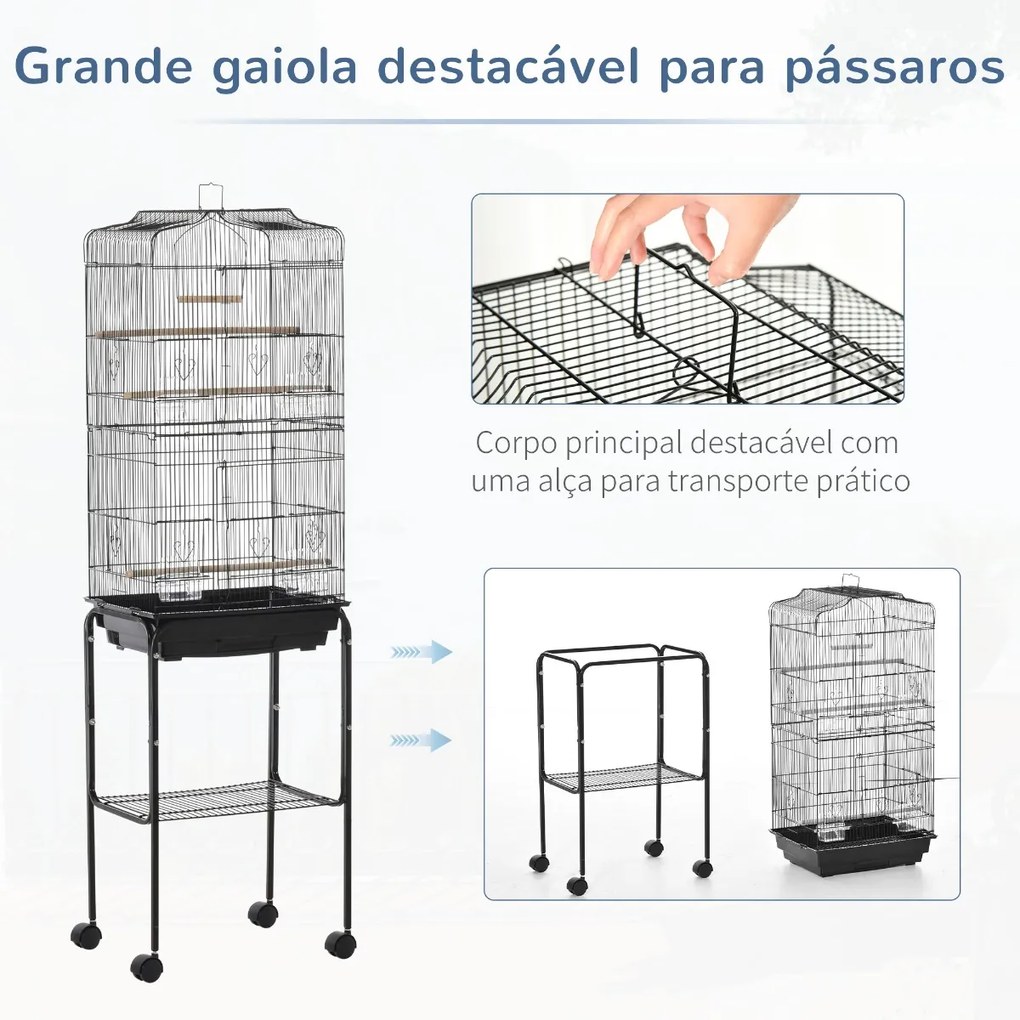 PawHut Gaiola para Passáros com Suporte Gaiola Metálica de Aves Canários com 4 Rodas Portas 4 Comedouros 3 Poleiros Bandeja Removível e