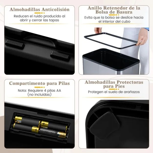 Caixote do lixo 41 x 26,5 x 66 cm de 60 L com tampas basculantes automático com sensor de movimento por infravermelhos prateado