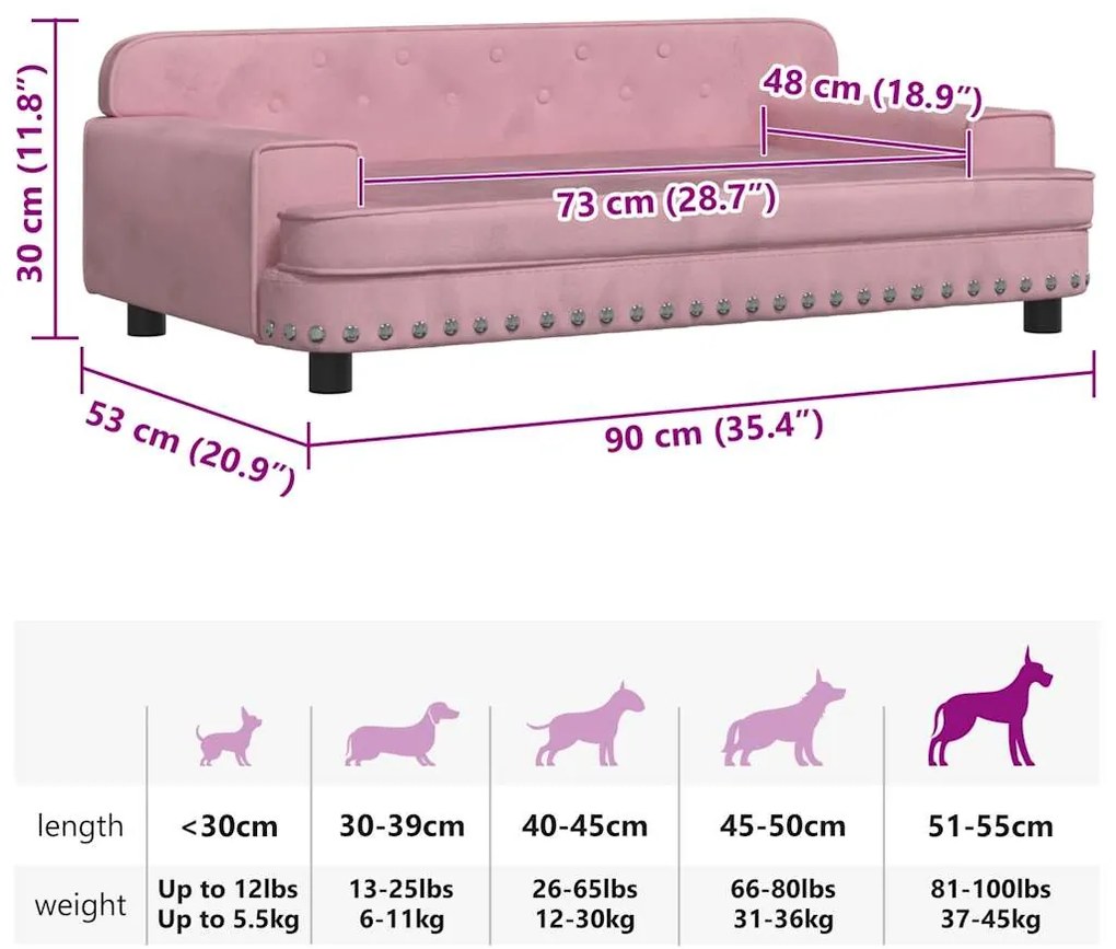Cama para cães 90x53x30 cm veludo rosa
