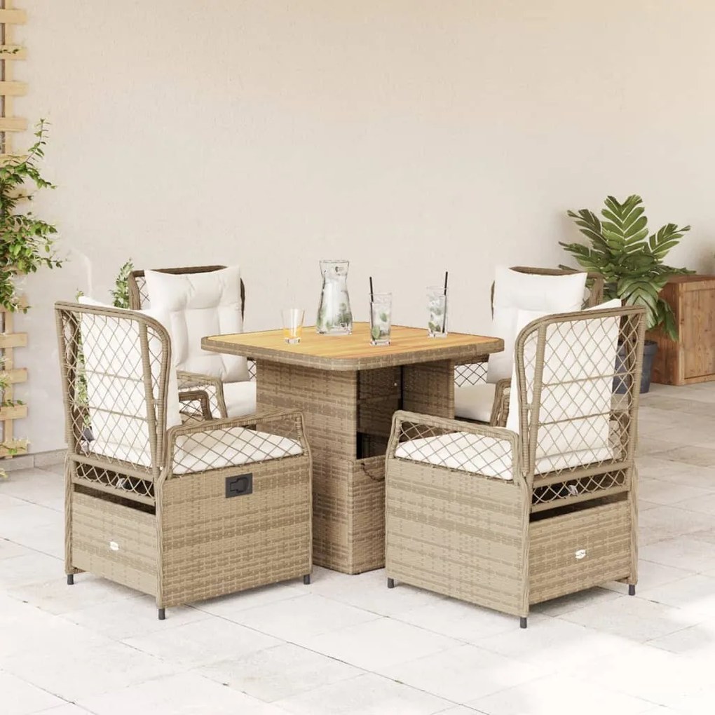 vidaXL 5 pcs conjunto de jantar p/ jardim com almofadões vime PE bege