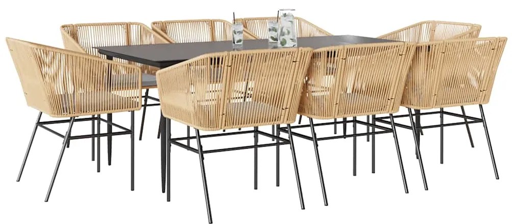 Conjunto jantar jardim 9 peças almofadas vidro vime PE castanho