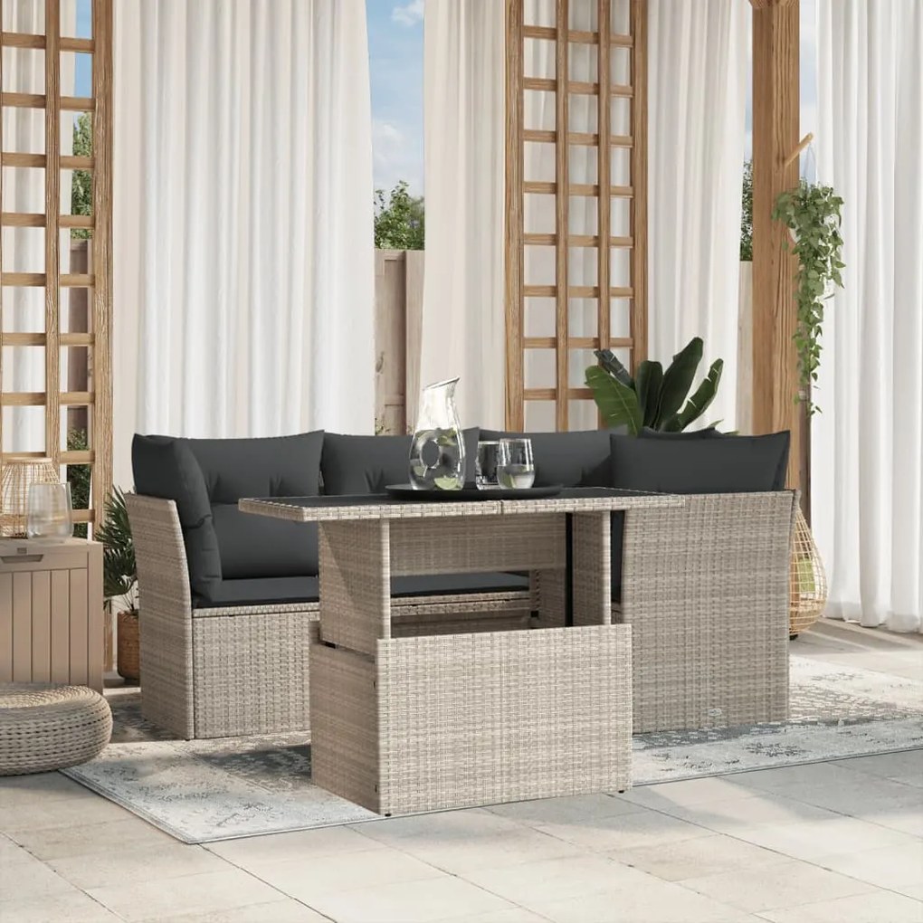 5 pcs conj. sofás jardim c/ almofadões vime PE cinzento-claro