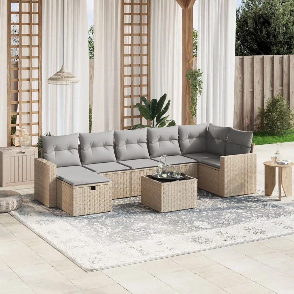 8 pcs conj. sofás jardim c/ almofadões vime PE bege misturado