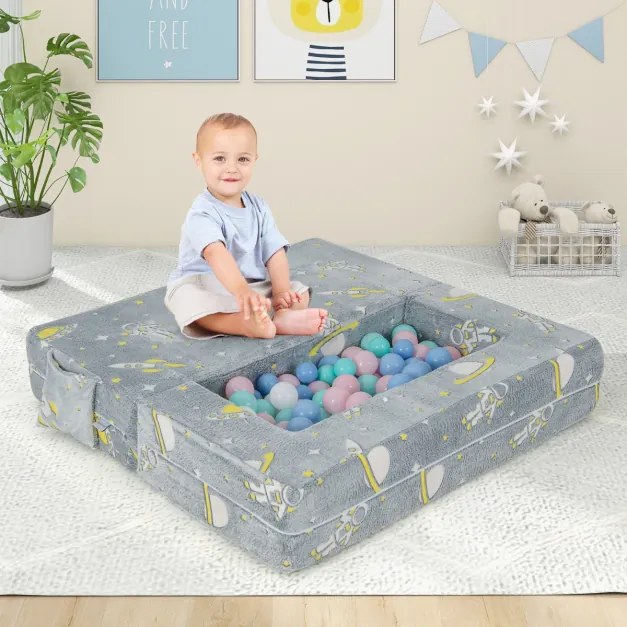 Sofá Infantil com Pufes Sofá Infantil Dobrável e Luminoso com Capa Removível e Lavável para Bebês 107 x 52 x 41,5 cm Cinza