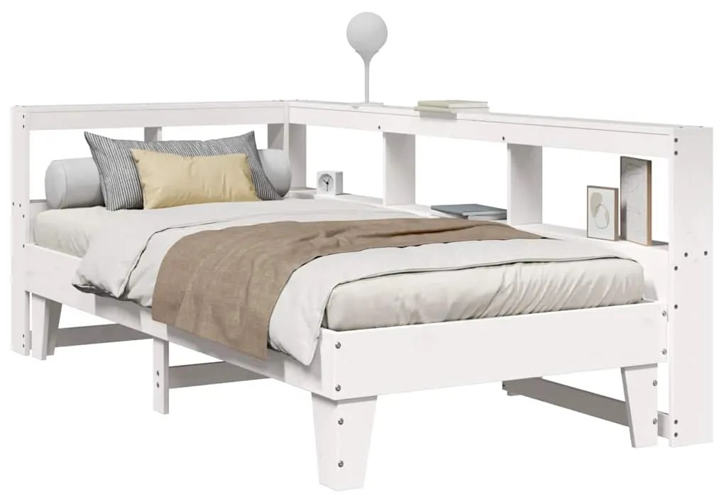 vidaXL Cama com estante sem colchão 90x200 cm pinho maciço branco