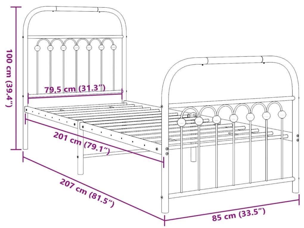 Estrutura de cama com cabeceira e pés 80x200 cm metal branco