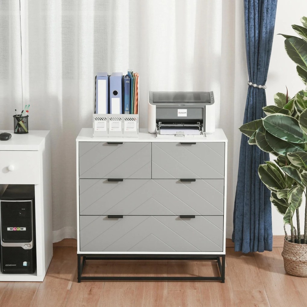 Cómoda com 4 Gavetas Base Elevada e Desenho Antiderrapante 80x40x79 cm Branco Cinzento e Preto