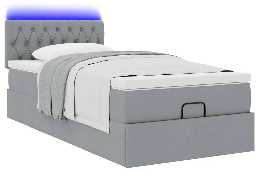 Cama Otomana com colchão & LEDs 90x200 cm tecido cinzento claro