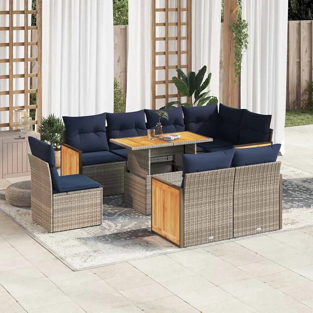 9 pcs conjunto sofás jardim almofadões vime PE/acácia cinzento