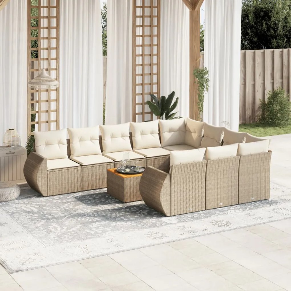 11 pcs conjunto sofás de jardim c/ almofadões vime PE bege
