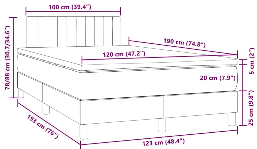 Cama box spring colchão LED 120x190cm couro artif. cinza-escuro