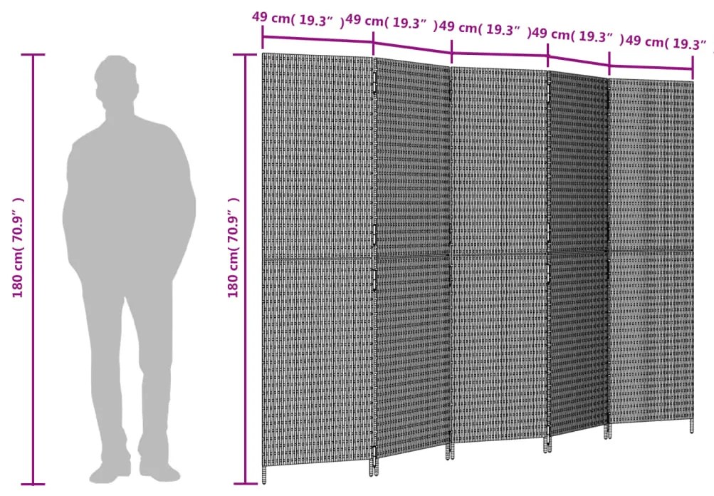 Biombo de divisão 5 painéis vime PE preto