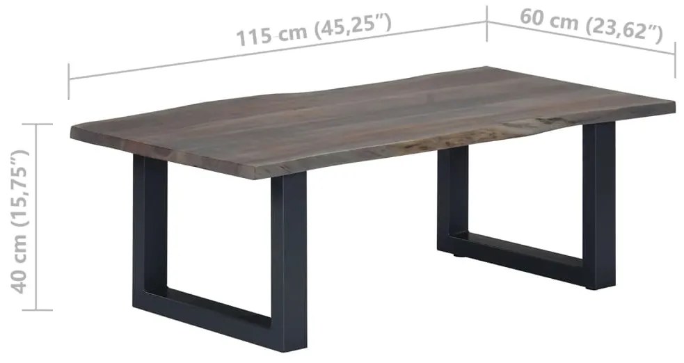 Mesa centro c/ arestas vivas 115x60x40cm acácia maciça cinzento