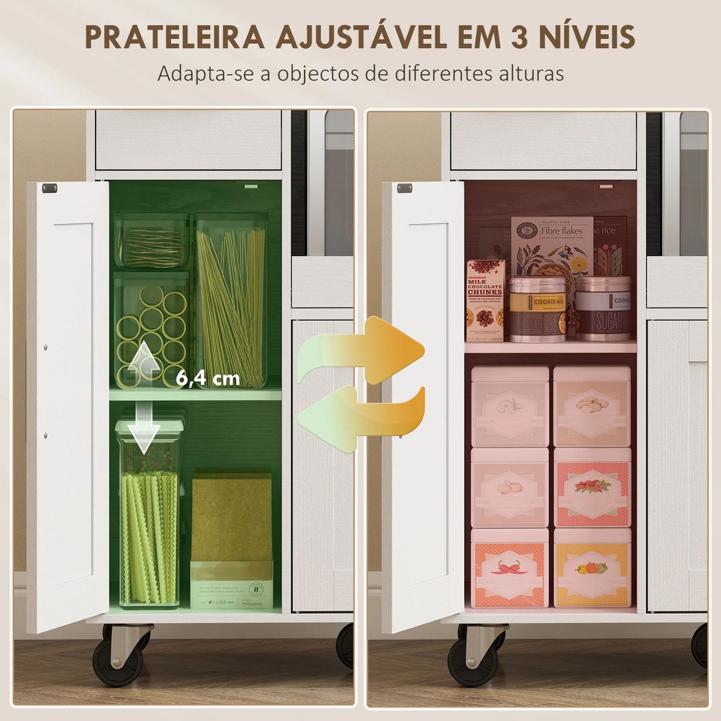 Móvel Auxiliar de Cozinha com Rodas para Microondas com Bandeja Deslizante Gaveta 3 Portas Prateleira Ajustável 80x40x88,7 cm Branco