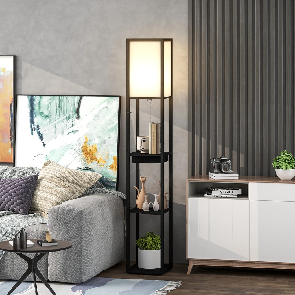 Candeeiro de pé com prateleiras 26 x 26 x 159 cm, moderno, com LED e portas USB A+C, interruptor de pé para sala de estar, quarto, escritório, preto