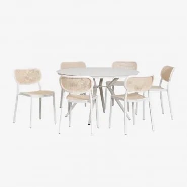 Conjunto De Mesa Redonda De Alumínio (ø125 Cm) Valerie E 6 Cadeiras De Jardim Omara Gardénia Branco - Sklum